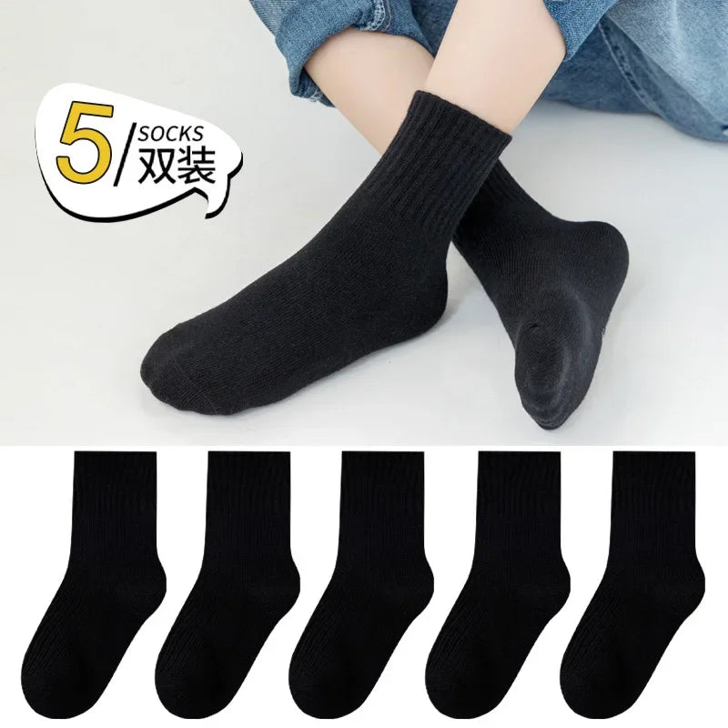 5 Pairs Pure Cotton Children Boy Socks Black White Grey Solid Color Unisex Breathable Sports School Socks Baby Girl Calf Socks