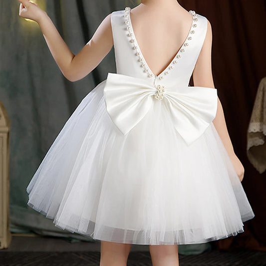 Weiße Blumenmädchenkleider für die Hochzeit, elegantes Kinder-Taufkleid und Kopfbedeckung, kurzärmelig, für Kinder, Kommunion, Geburtstagsfeier