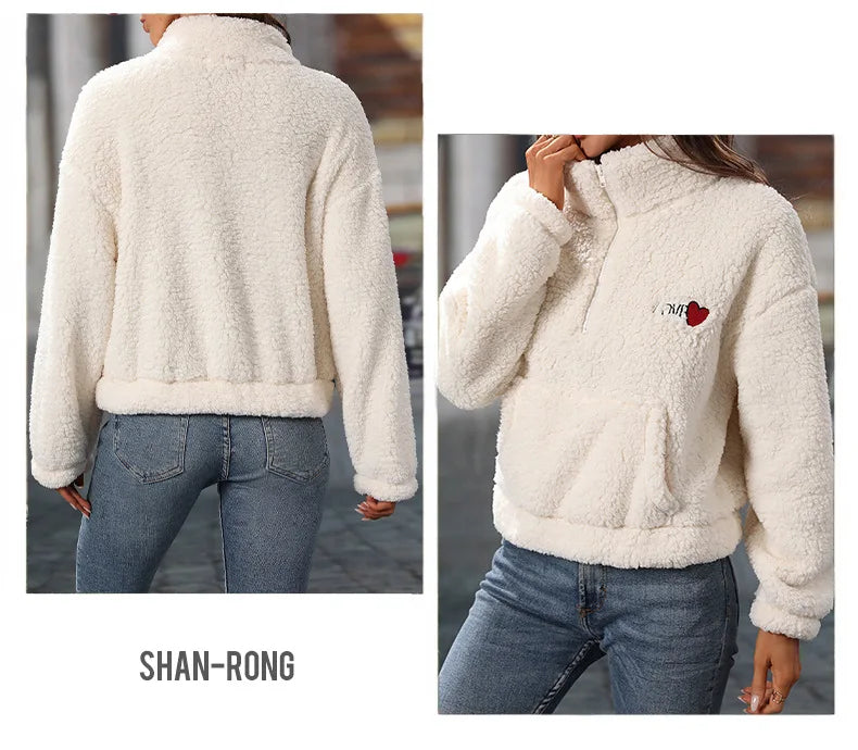 Fairyshely 2025 Autumn Winter White Women's Hoodies Long Sleeve Zipper Hood Sweatshirt Casual Lady Loose Plush Hoodie Tops.