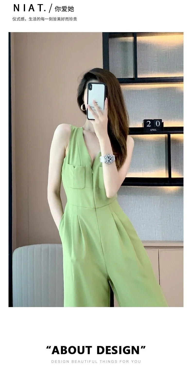 Women's Wide Leg Jumpsuit Pants 2025 Summer New Casual Straight Tube Sports Overalls V-neck Sleeveless Bodysuit For Women Romper.