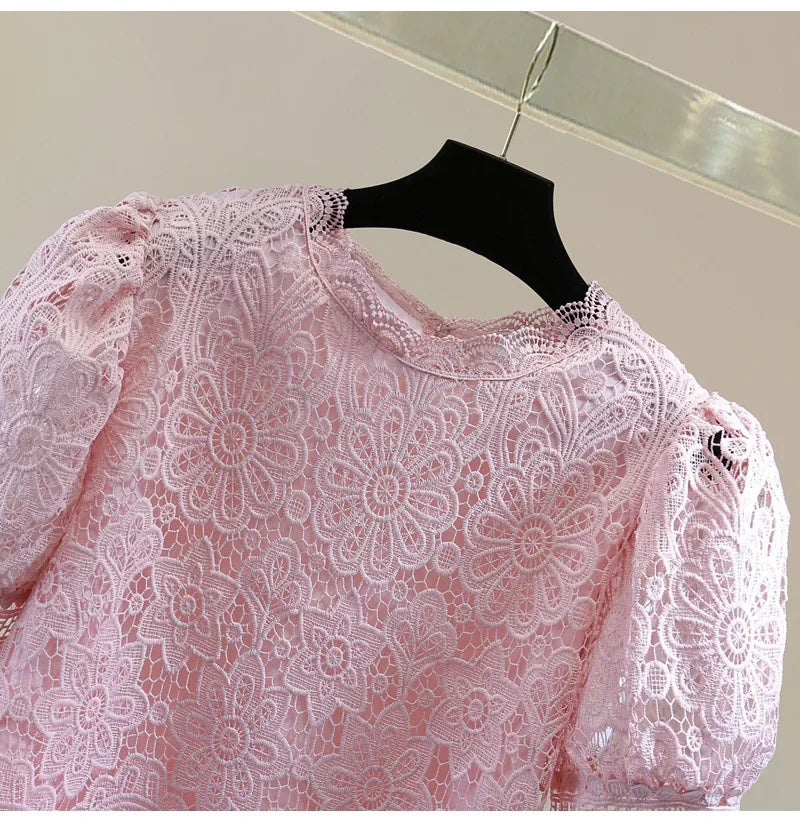 Loose Straight Korean Style Summer Top Pure Color Hooked Hollow out Ladies Lace Shirt Overhead Bubble Sleeve Women's Fashion.