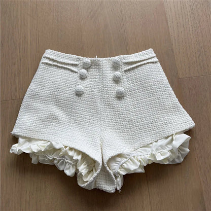 Autumn Winter New Woven Tweed Fungus Edge Buckle Shorts Femininity Versatile High Waist Pure Desire Wind Boots Short Pants.