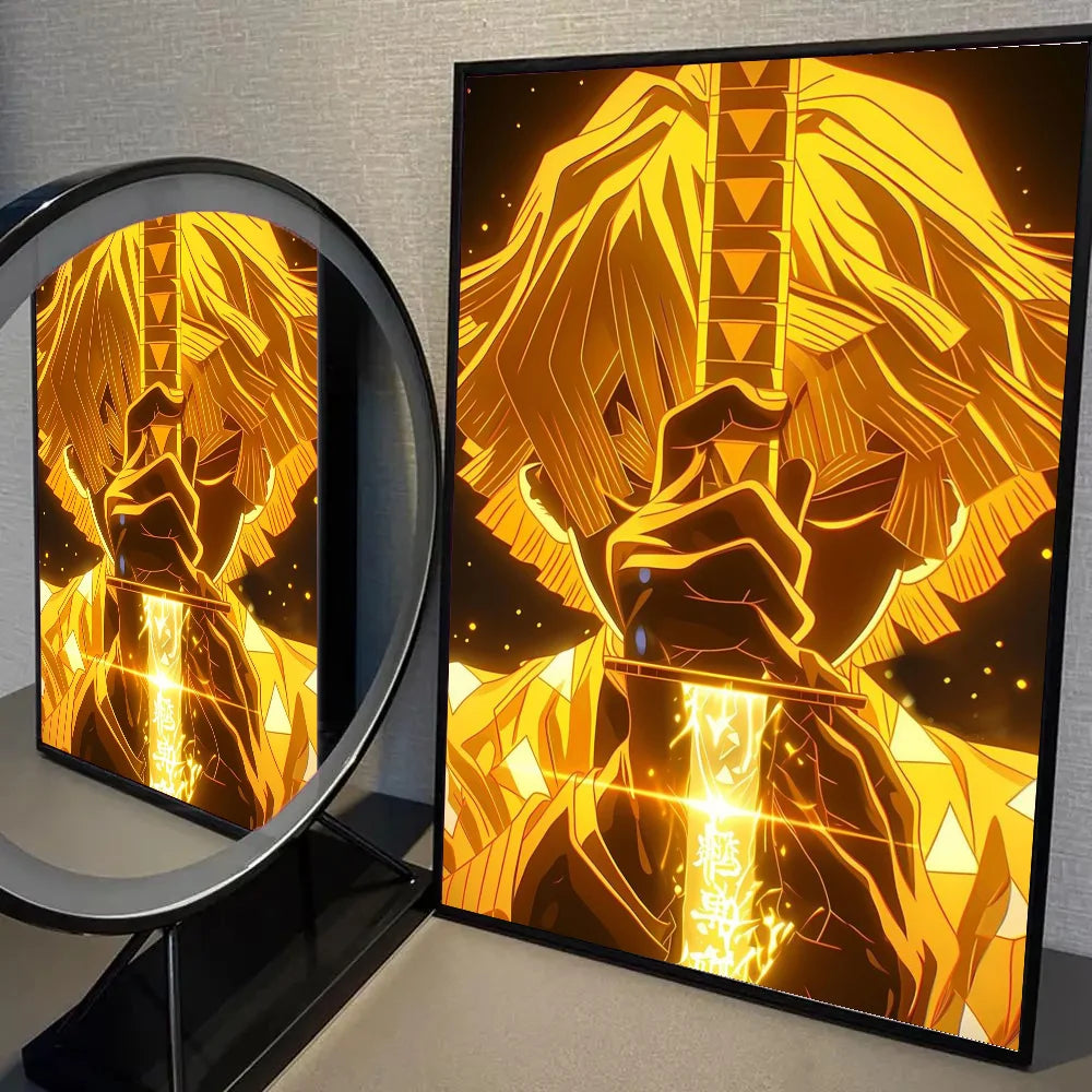 1pc Neon Effect Japan Anime Demon Slayer Tanjiro Nezuko Character Poster Self-adhesive Art Waterproof Paper Sticker Wall Decor