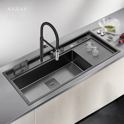 ASRAS New Nanometer Kitchen Sink Handmade Sink 4mm Thickness 240mm Depth Large Size Single Kitchen Sink With Drain Plate Sinks