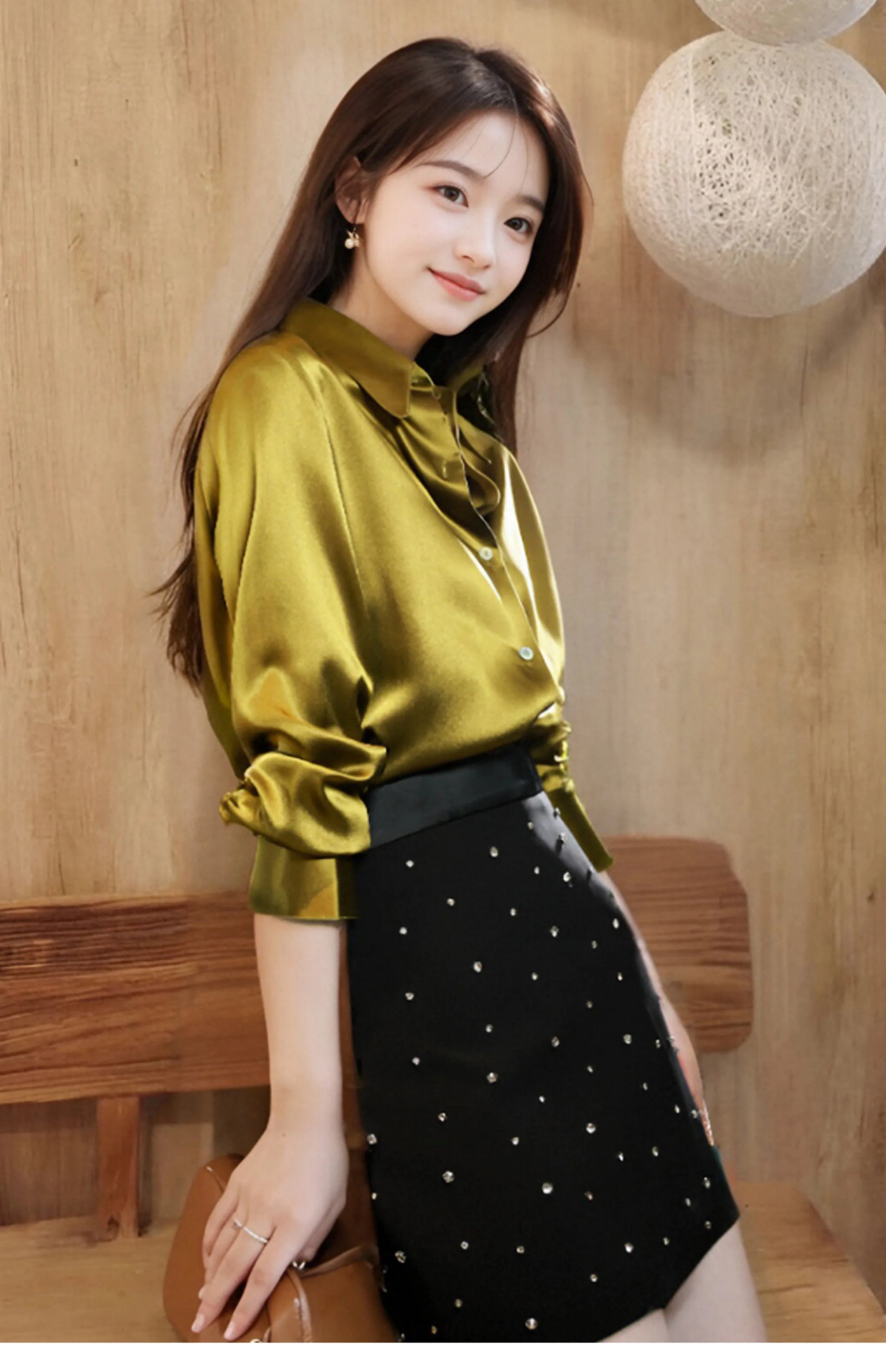 High Quality Silkly Satin Women's Shirt Office Ladies Long Sleeve Blouses Polo Neck Gold shirt Button Luxury Casual women tops.