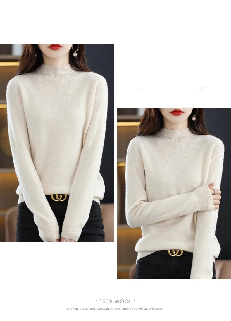 100% Pure Wool Half-neck Pullover In Autumn And Winter New Cashmere Sweater Women's Casual Knit Top Women's Coat 19 Colors.