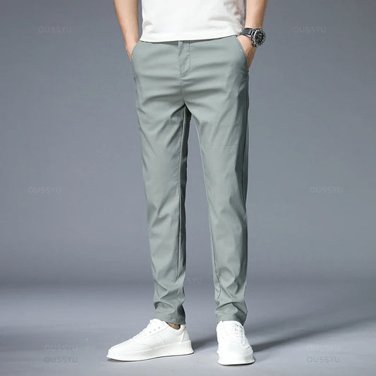 Spring Summer Casual Pants Men Thin Stretch Slim Fit Elastic Waist Business Classic Korean Trousers Male Khaki Gray 38.