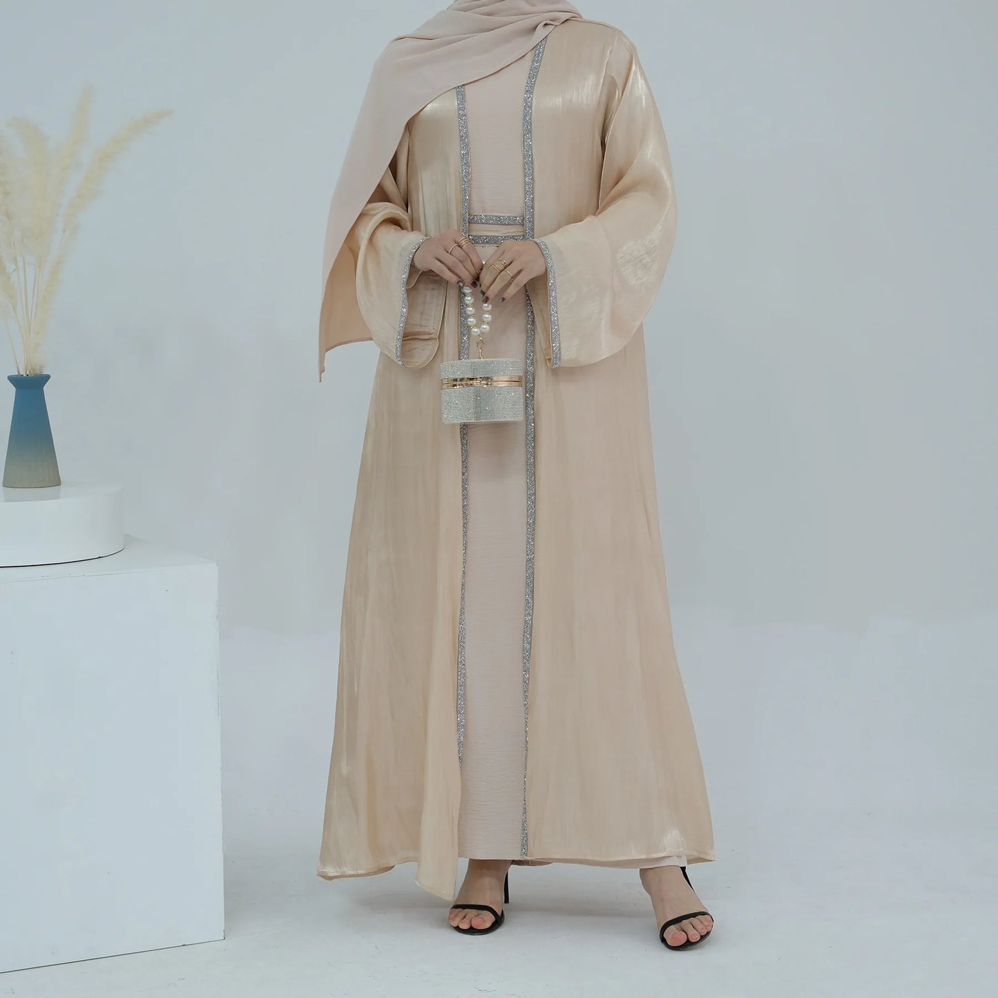 Muslim Abaya for Women Eid Dress 2 Piece Set Diamond Morocco Ramadan Lace-up Abayas Kaftan Islam Cardigan Dubai Arab Long Robe.