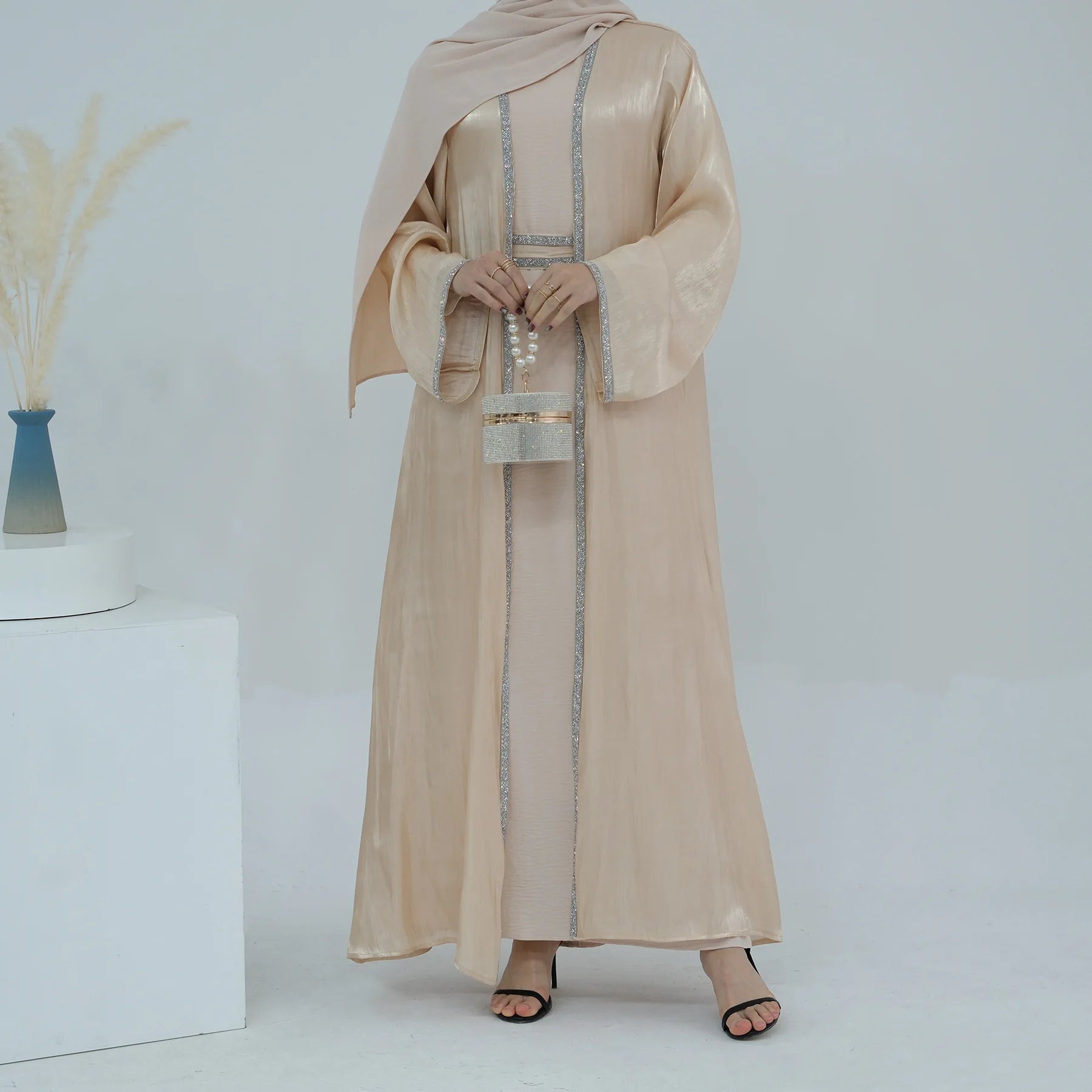 Muslim Abaya for Women Eid Dress 2 Piece Set Diamond Morocco Ramadan Lace-up Abayas Kaftan Islam Cardigan Dubai Arab Long Robe.