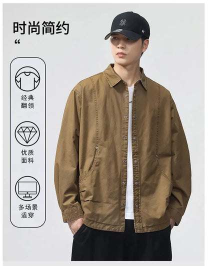 Autumn Fashion Vintage Shirt Style Jacket Men Streetwear Loose Casual Plus Size Washed Cotton Cargo Jacket Man Coat Outerwear.