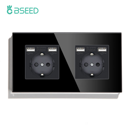 BSEED Touch-Lichtschalter mit EU-USB-Steckdosen, schwarze Wand-LED-Schalter, 1/2/3 Gang, 1-Wege-Kristall, dunkelblaue Hintergrundbeleuchtung, Wandschalter