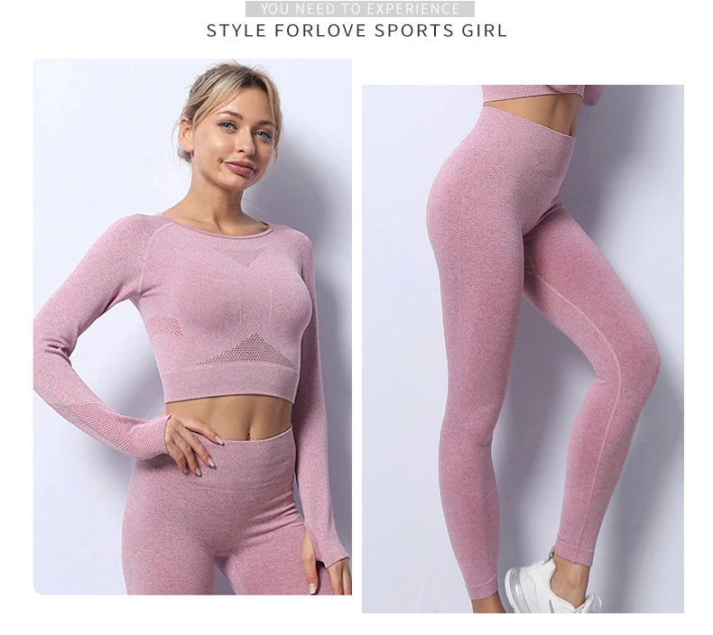 Women Yoga 2 Pieces Workout Outfits Seamless High Waist Leggings Sports Crop Top Running Clothes Sets.