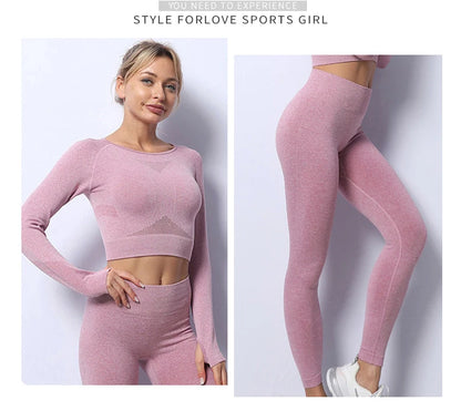 Women Yoga 2 Pieces Workout Outfits Seamless High Waist Leggings Sports Crop Top Running Clothes Sets.