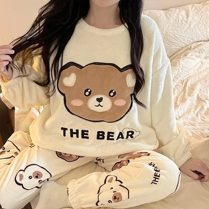 Thickened Warm Sleepwear for Winter Cartoon Flannel Pajamas Homewear Women Velvet Coral Velvet Cartoon Bear Nightwear Loungewear.