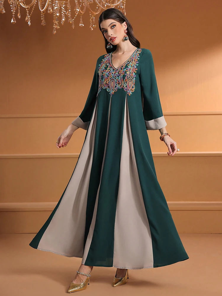TOLEEN Damen Knöchellange Kleider Eid Al-Fitr Muslim Lose Applizierte V-Ausschnitt Langarm Damen Robe Islamisches Dubai ElegantDress.