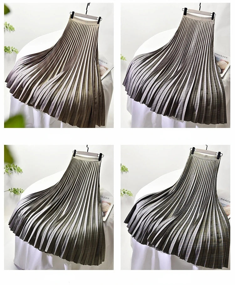 Looks Thin Pleated Skirt 2025 New High Waist A-line Skirt Mid-length Big Size Plaid Skirt Long Pleated Skirt Length 75-90cm