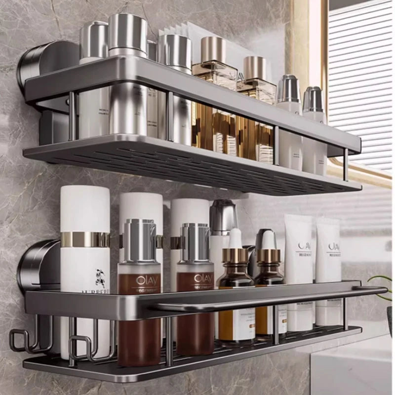 Kein Bohren, Saugnapf, selbstklebendes Badezimmerregal, Badezimmerregal, Toilette, Aluminium-Hängeregal, Badezimmer-Organizer, zum Aufhängen an der Wand