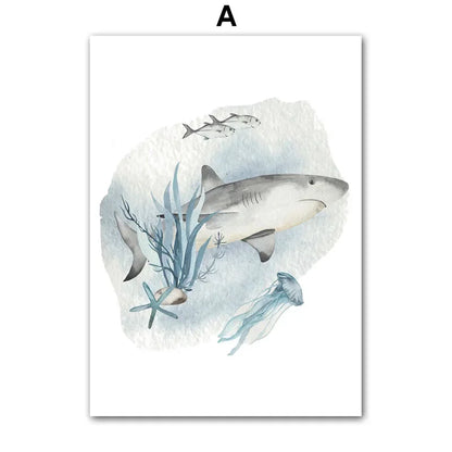 Posters And Prints Whale Fish Shark Octopus Turtle Sea Animals Nursery Wall Art Canvas Painting Pictures Baby Kids Room Decor.