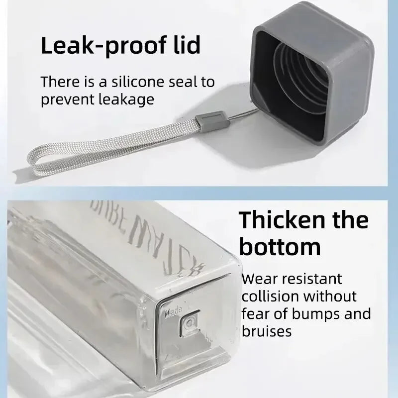 1 Pcs Clear Square Drinking Glass in Mate Plastic Portable Water Bottle with Milk Cable for Outdoor Sports.