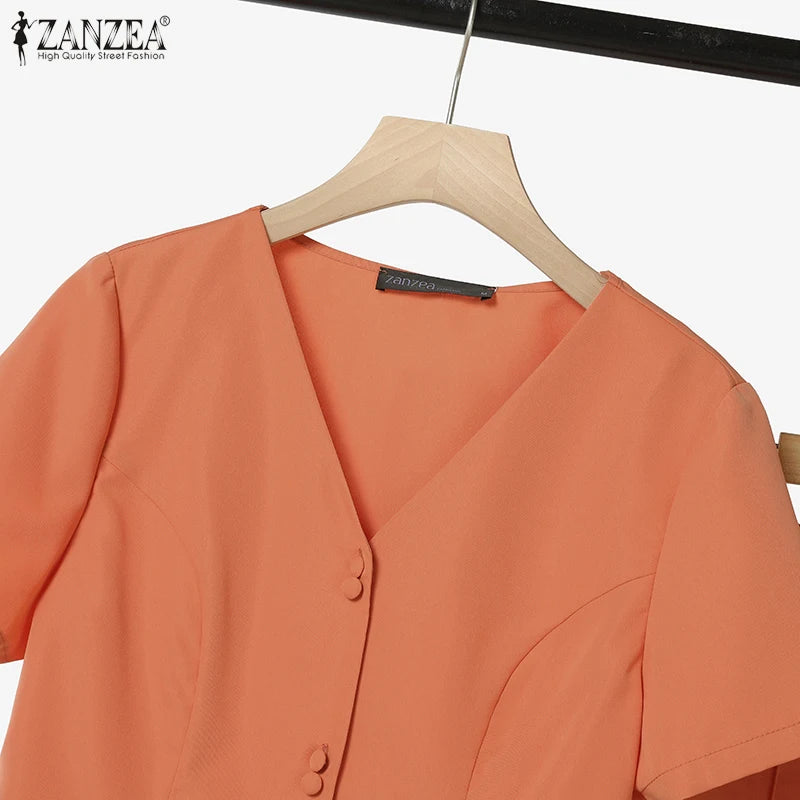 ZANZEA Fashion 2 Piece Sets Woman Elegant V-Neck Short Sleeve Shirts Wide Leg Pants 2pcs Suits Office Lady Commuting Pant Sets.