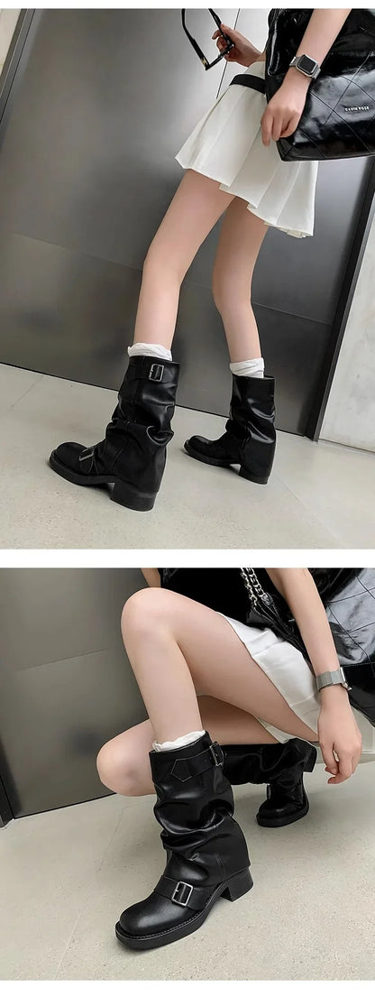 Pleated Buckle Knight Boots for Women Autumn Brown PU Leather Mid Calf Boots Woman Slip-On Thick Heel Riding Botas Mujer 2024.