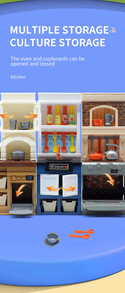 DIY Kid Play House Simulation Kitchen Pretend Toys Kitchenware Lighting and Sounds Cooking Game Set Children Fun Educational Toy.