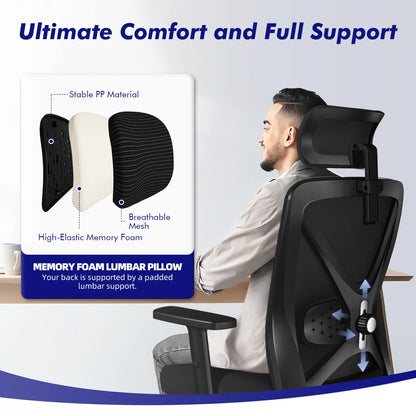 AUTHMIC Ergonomischer Bürostuhl, verstellbare Netzrückenlehne, Lordosenstütze, drehbarer Computer-Schreibtischstuhl für Zuhause, Büro, Arbeit, Gaming