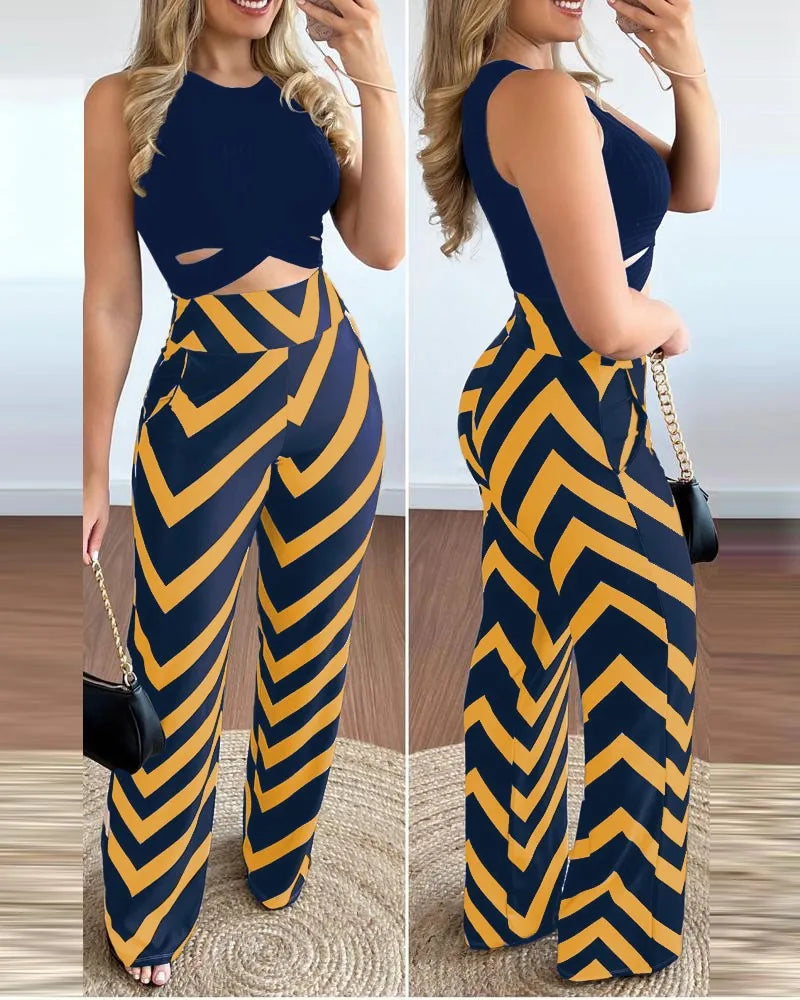 Spring Summer New Sleeveless Short Top Women's Suit Fashion Printed Trousers Slim Slim Simple Elegant Female Office 2 Piece Set.