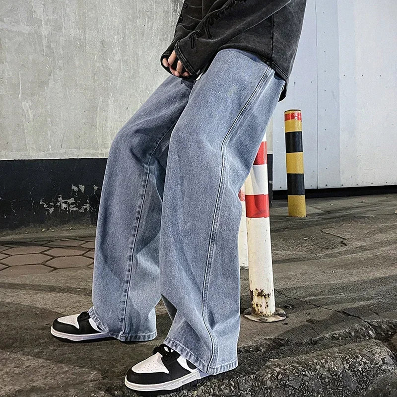 2024 New Men's Jeans Korean Casual Pants High Street Straight Student Loose Wide Black Grey Blue Baggy Denim Pants.