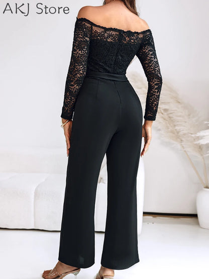 Off Shoulder Long Sleeve Eyelash Lace Spliced Slim Fit Overalls Casual Zipper Back Jumpsuit with Belt.