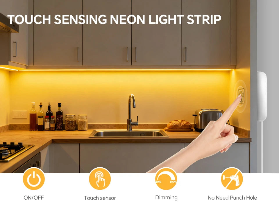 Neon Cob Self-adhesive LED Strip Touch Sensor Light AC110/220V TO DC 24V Silicone Tube Dimmable Neon Tape for Under Cabinet Lamp.