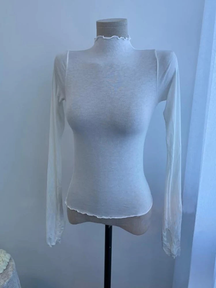 Sexy See-through T Shirt Women High Elasticity Tee Shirt Slim Thin Ruffled Turtleneck T-shirt Female Solid Top.