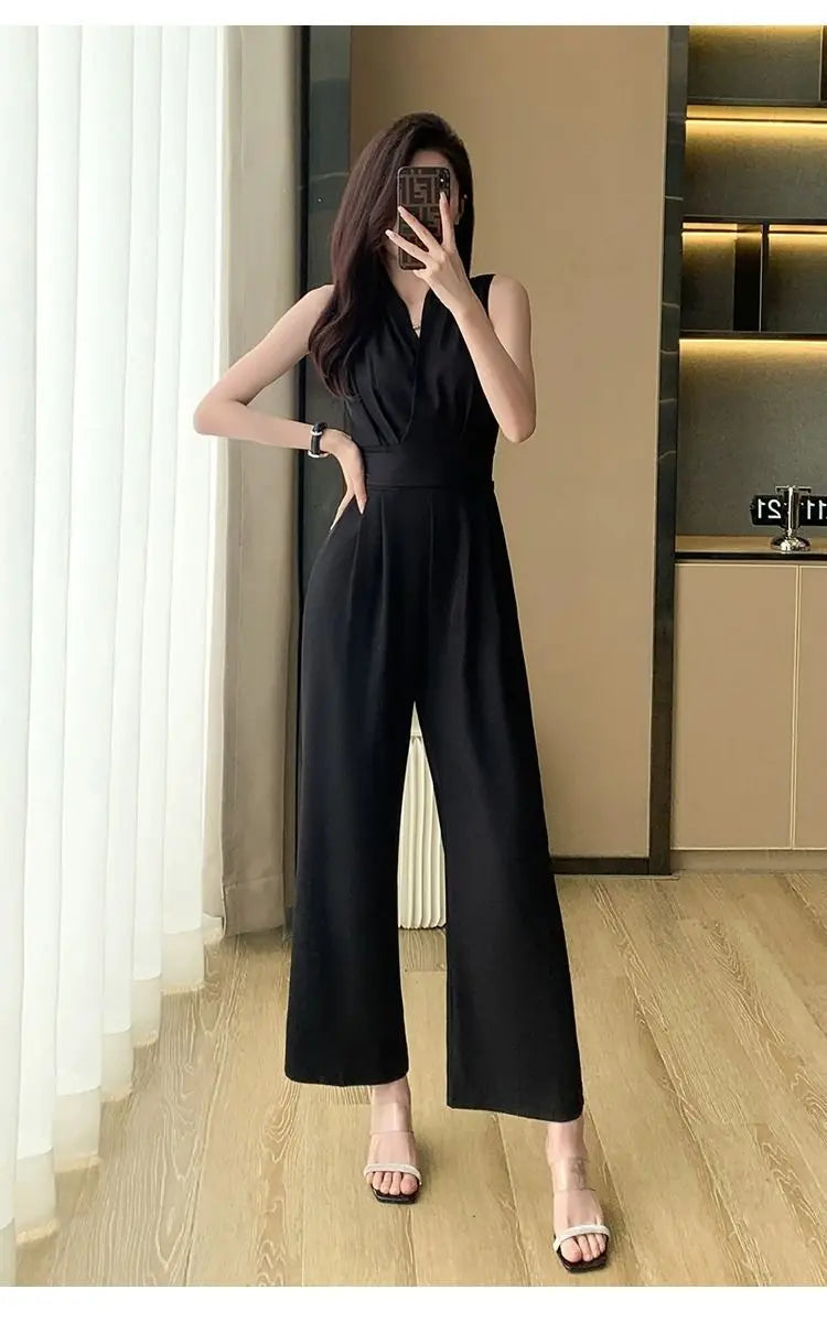 Women's Wide Leg Jumpsuit Pants 2025 Summer New Casual Straight Tube Sports Overalls V-neck Sleeveless Bodysuit For Women Romper
