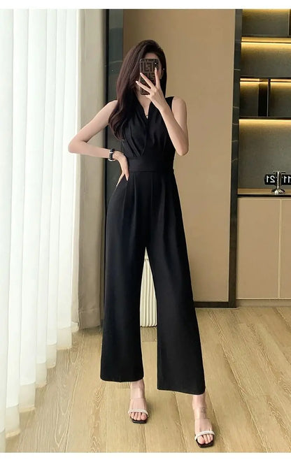 Women's Wide Leg Jumpsuit Pants 2025 Summer New Casual Straight Tube Sports Overalls V-neck Sleeveless Bodysuit For Women Romper