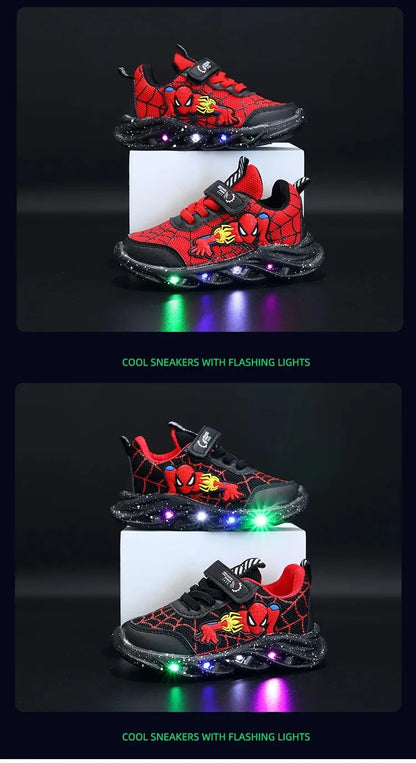 Disney LED Casual Sneakers Red Black For Spring Boys Spiderman Mesh Outdoor Shoes Children Lighted Non-slip Shoes Size 21-30.