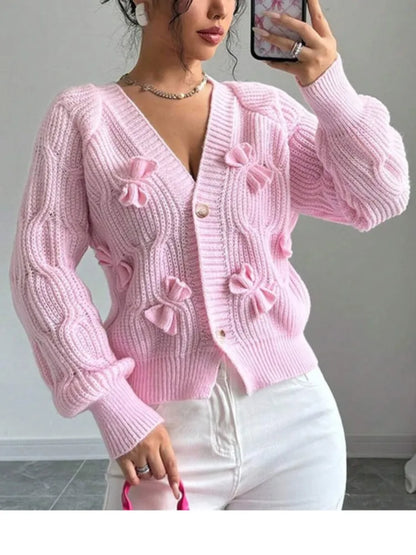 2025 Autumn And Winter Solid Color Long-sleeved Bow Knit Cardigan Jacket New Women's Elegant V-neck Button Versatile Sweater Top.