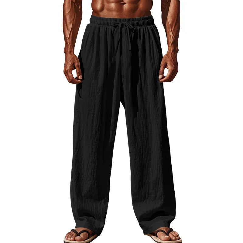 Men's Linen Casual Pants Elastic Waist Beach Pants Lightweight Drawstring Summer Yoga Pants Solid Color Beach Pants.