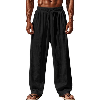 Men's Linen Casual Pants Elastic Waist Beach Pants Lightweight Drawstring Summer Yoga Pants Solid Color Beach Pants.