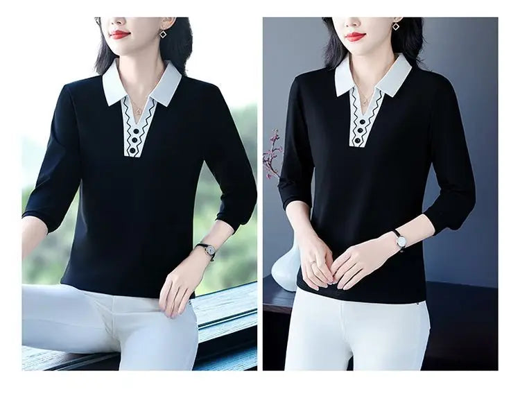 2025 Autumn New Women Clothes Office Lady Simplicity Patchwork Polo-Neck Top Tee Ladies Fashion Loose Buttons Long Sleeve Shirts