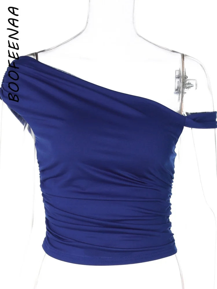 BOOFEENAA Asymmetrical One Shoulder Crop Tops Black Blue Sexy T Shirts for Woman Summer 2025 C95-BA13.