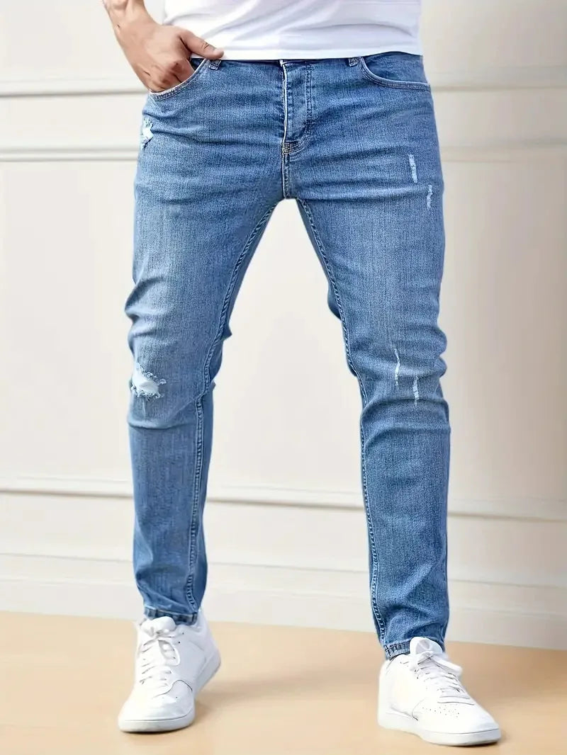 New men's jeans elastic slim fit pants street wear classic ripped cat whiskers casual jeans tight zipper denim clothing black bl.