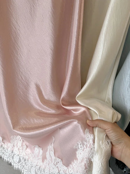 Satin Lace Patchwork Midi Skirt 2025 Women A-line Elegant Smooth Skirt Women Clothing.