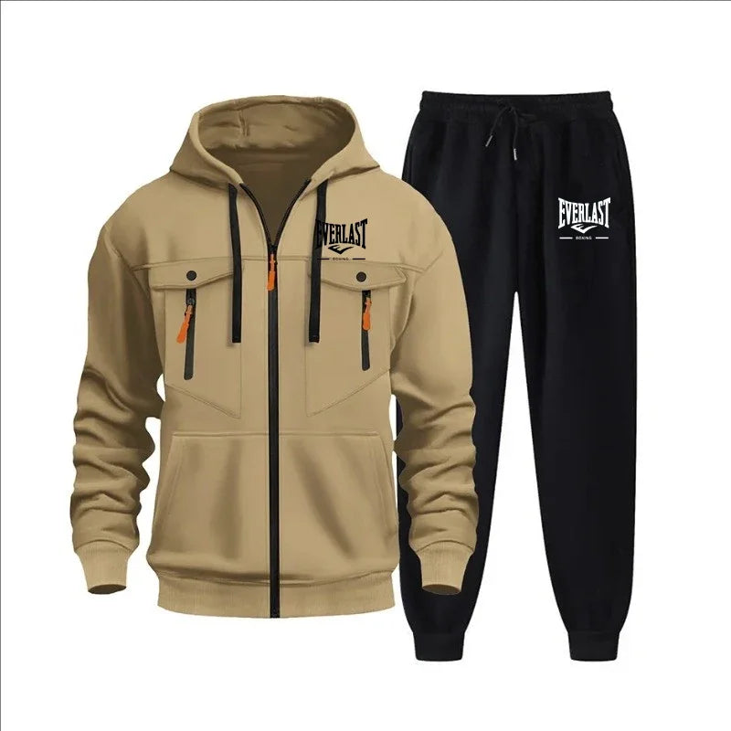Autumn and winter new men's sweatshirt sport set, fashionable windproof and warm men's zipper hoodie and pants 2-piece set.