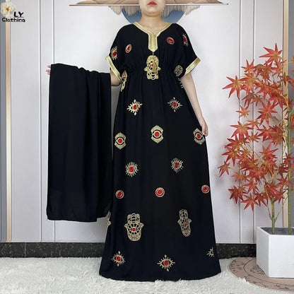 New Dubai Fashion Women Party Evening Dress 2024 Summer Short Sleeve Elasticity Embroidery Femme Robe African Islam Loose Abaya