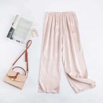 Women 100% Pure Mulberry Silk Charmeuse Silk V Neck Pajama Set Casual Loose Sleepwear Nightwear L XL SQ001.