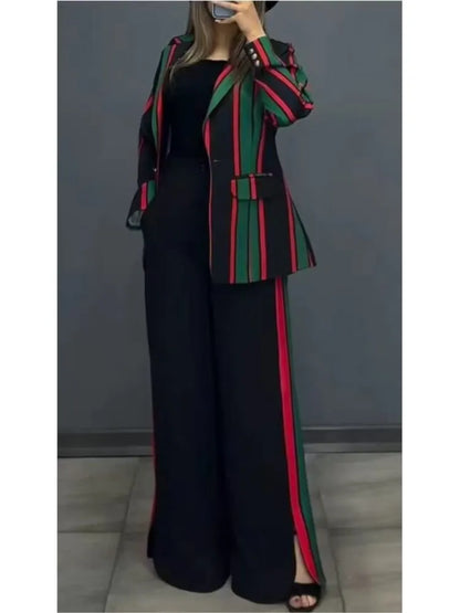 Women Striped Print Suits+pants Two Piece Sets Autumn Winter Casual Wide Leg Pants Sets Office Ladies Elegant Coats Outfits.