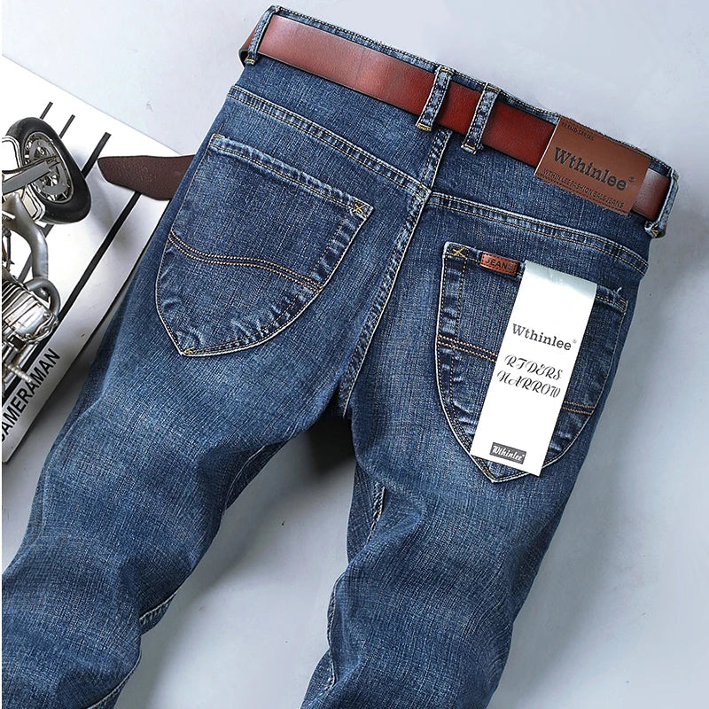 Spring Autumn Business Men Jeans Casual Straight Stretch Fashion Classic Black Sky Blue Grey Work Denim Trousers Brand Clothing.