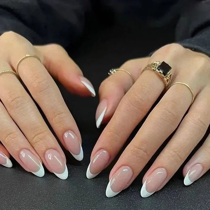 24Pcs French False Nails Almond Fake Nails with Glue Press on White Edge Design Wearable Simple Ins Pink Stiletto Nail Tips.