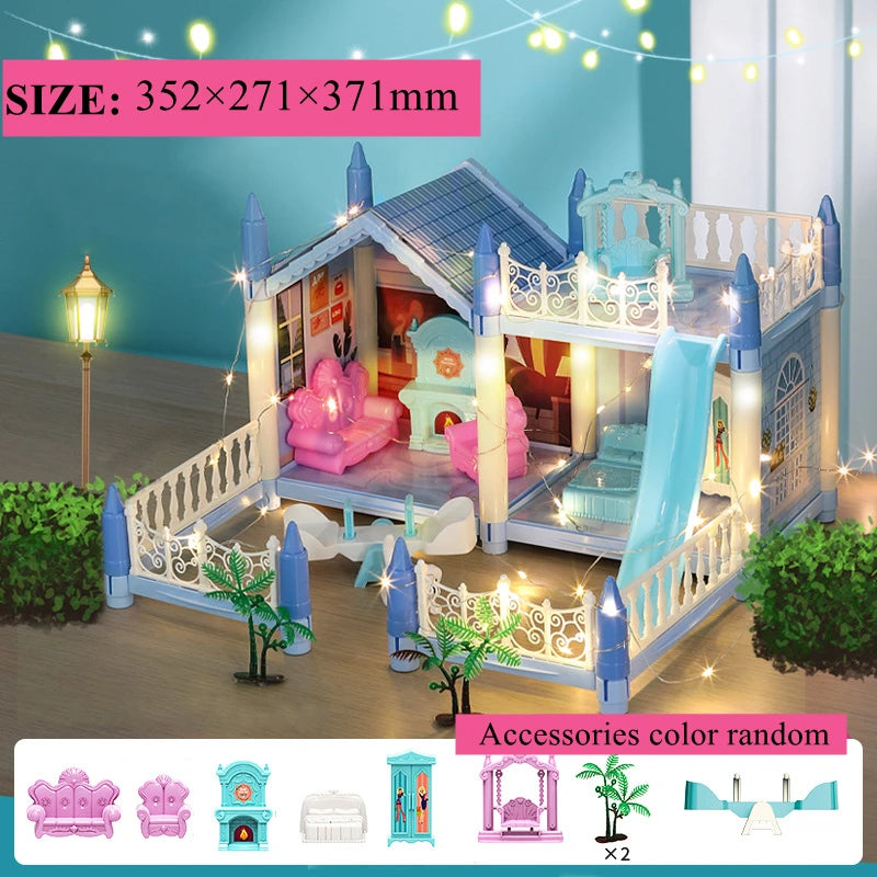 Girls Toddler Doll House - Large Doll House with 4 Dolls, Furniture, Accessories, LED Lights, 4 Stories Princess Dream House Toy.
