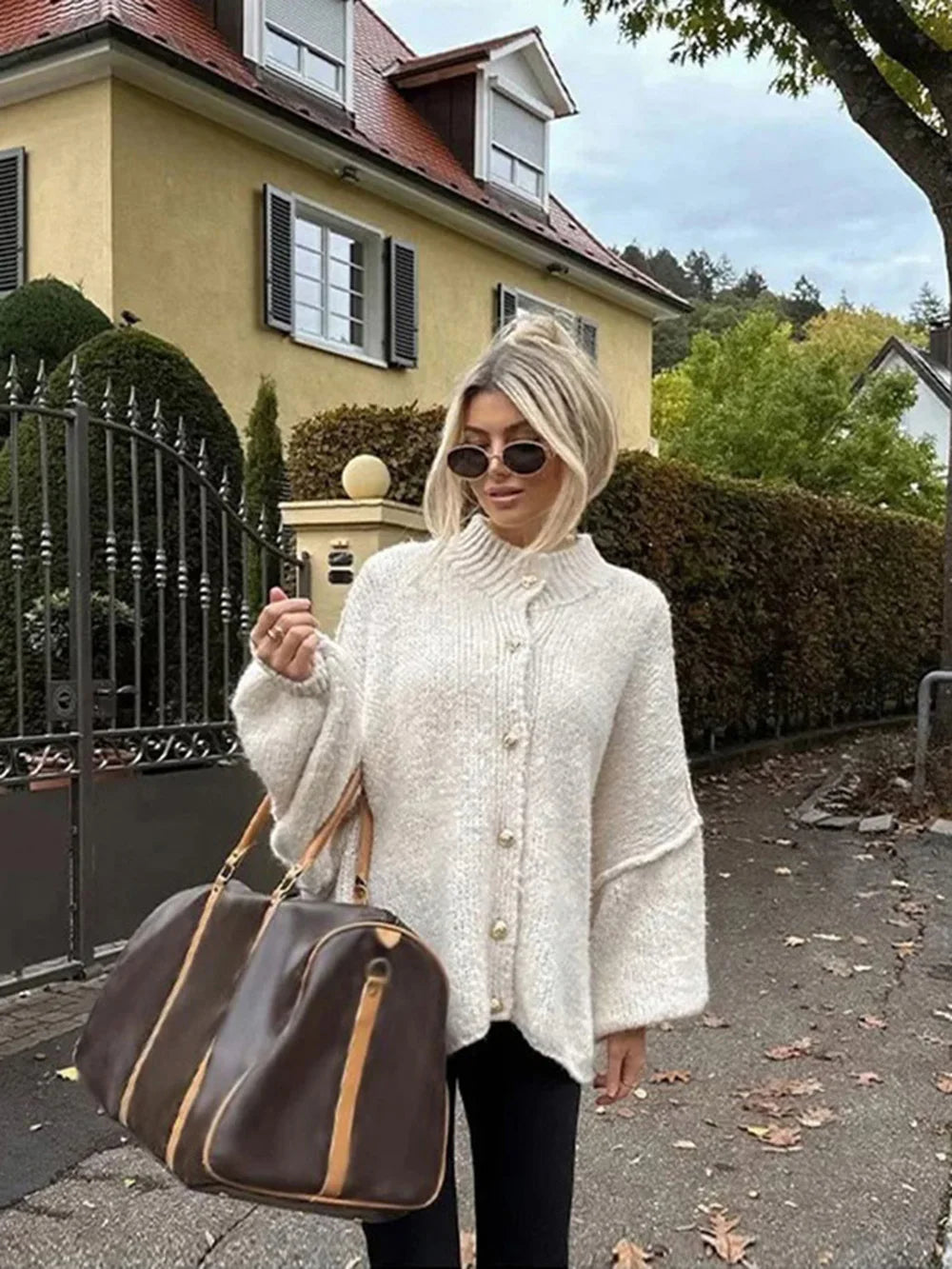 TRAF Women's Bat Sleeve Cardigan Sweater Temperament Lapel Metal Button Decoration Fashion Jacket Casual Commuter Women's Tops.